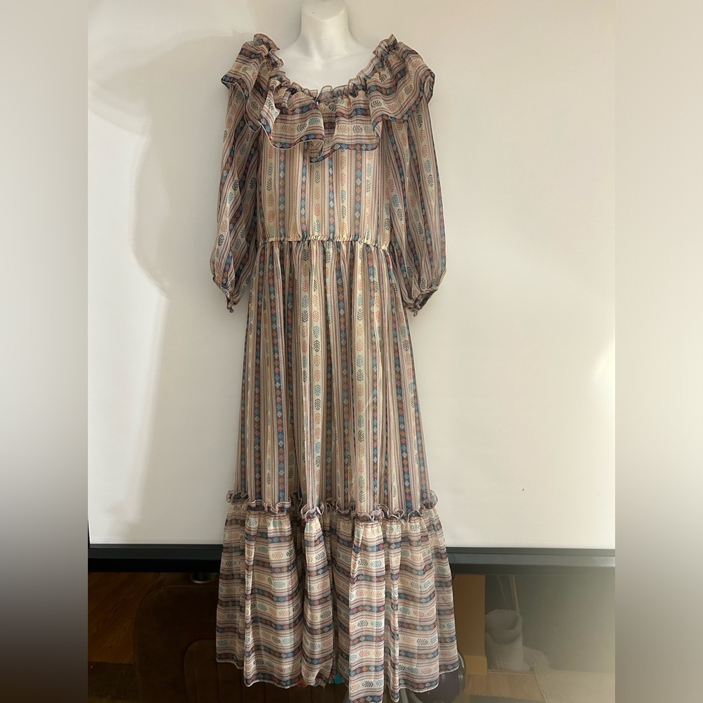 A.J.BARI RN50438 VINTAGE TAN MULTI BOHO SHEER STYLE MAXI DRESS WITH LINING MED